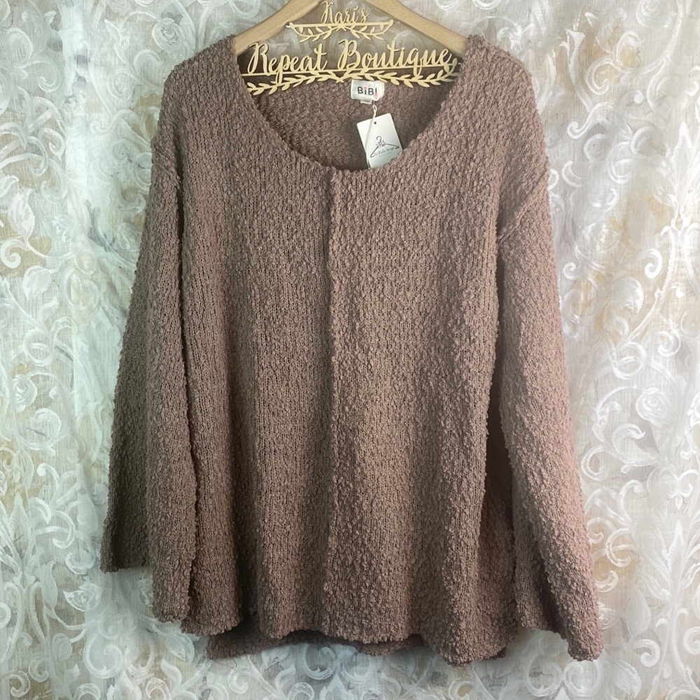 BIBI mocha brown popcorn sweater boho chic drop shoulder pullover casual NWT XL